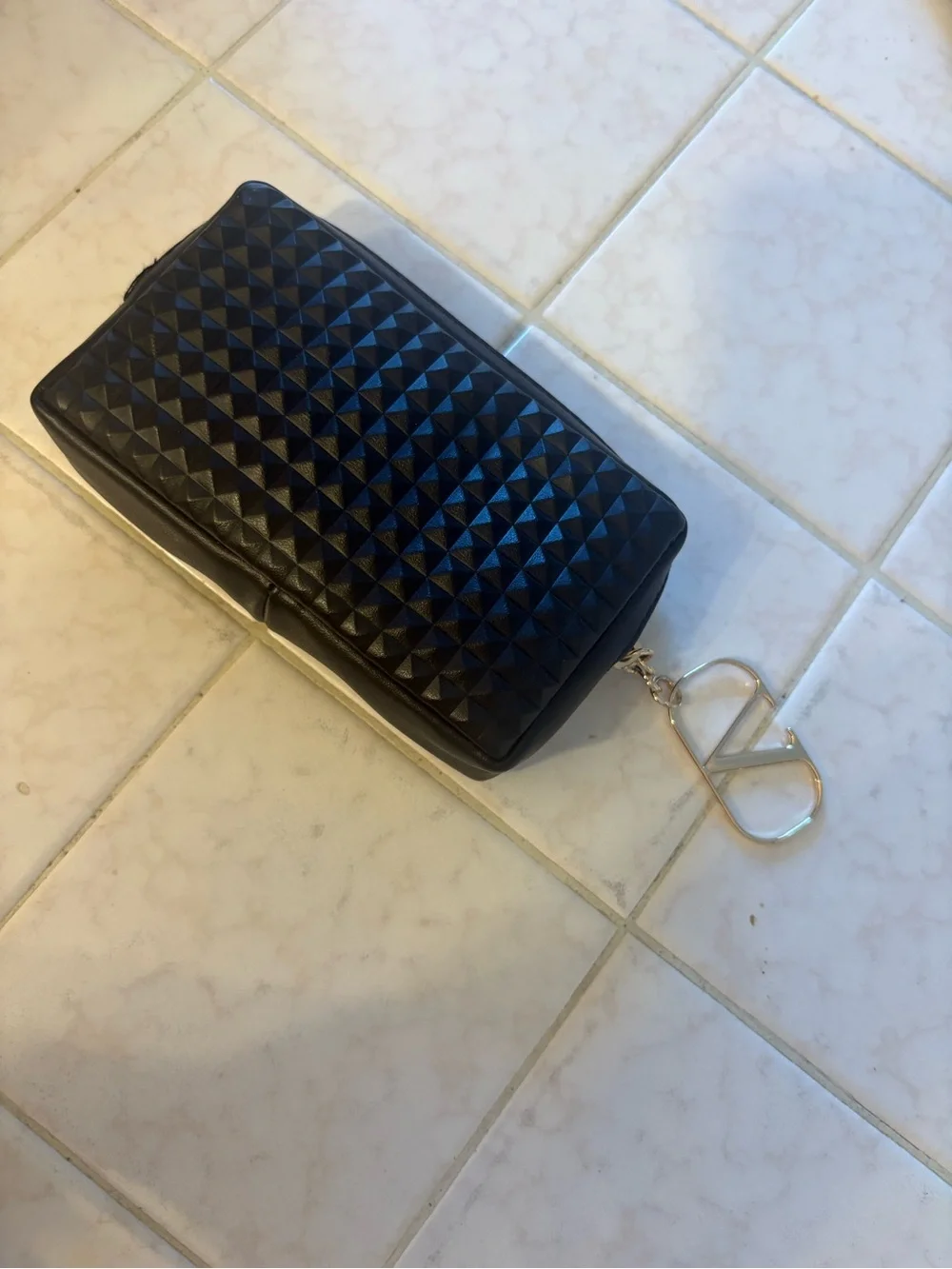 Valentino Black Quilted Rockstud Zip Card & Key Holder with Gold V Charm